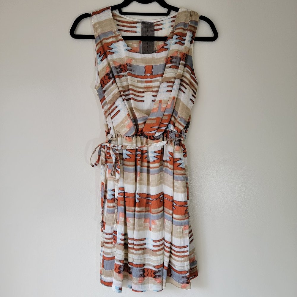 Moon Collection, Cream and Orange Print Mini Dress, Size M